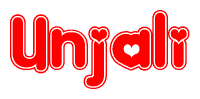 The image is a red and white graphic with the word Unjali written in a decorative script. Each letter in  is contained within its own outlined bubble-like shape. Inside each letter, there is a white heart symbol.