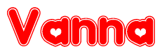 The image is a red and white graphic with the word Vanna written in a decorative script. Each letter in  is contained within its own outlined bubble-like shape. Inside each letter, there is a white heart symbol.
