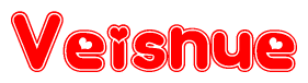 The image is a clipart featuring the word Veisnue written in a stylized font with a heart shape replacing inserted into the center of each letter. The color scheme of the text and hearts is red with a light outline.