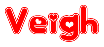 The image is a red and white graphic with the word Veigh written in a decorative script. Each letter in  is contained within its own outlined bubble-like shape. Inside each letter, there is a white heart symbol.