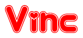 The image displays the word Vinc written in a stylized red font with hearts inside the letters.