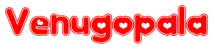 The image is a clipart featuring the word Venugopala written in a stylized font with a heart shape replacing inserted into the center of each letter. The color scheme of the text and hearts is red with a light outline.