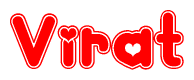 The image is a red and white graphic with the word Virat written in a decorative script. Each letter in  is contained within its own outlined bubble-like shape. Inside each letter, there is a white heart symbol.