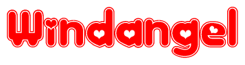 The image is a clipart featuring the word Windangel written in a stylized font with a heart shape replacing inserted into the center of each letter. The color scheme of the text and hearts is red with a light outline.