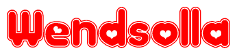 The image is a red and white graphic with the word Wendsolla written in a decorative script. Each letter in  is contained within its own outlined bubble-like shape. Inside each letter, there is a white heart symbol.