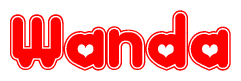 The image is a red and white graphic with the word Wanda written in a decorative script. Each letter in  is contained within its own outlined bubble-like shape. Inside each letter, there is a white heart symbol.
