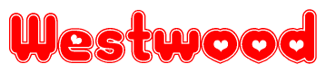 The image is a clipart featuring the word Westwood written in a stylized font with a heart shape replacing inserted into the center of each letter. The color scheme of the text and hearts is red with a light outline.