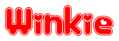 The image is a red and white graphic with the word Winkie written in a decorative script. Each letter in  is contained within its own outlined bubble-like shape. Inside each letter, there is a white heart symbol.