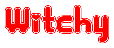 The image is a clipart featuring the word Witchy written in a stylized font with a heart shape replacing inserted into the center of each letter. The color scheme of the text and hearts is red with a light outline.