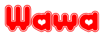 The image is a clipart featuring the word Wawa written in a stylized font with a heart shape replacing inserted into the center of each letter. The color scheme of the text and hearts is red with a light outline.