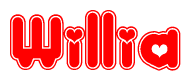 The image is a clipart featuring the word Willia written in a stylized font with a heart shape replacing inserted into the center of each letter. The color scheme of the text and hearts is red with a light outline.