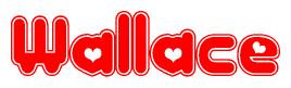 The image is a red and white graphic with the word Wallace written in a decorative script. Each letter in  is contained within its own outlined bubble-like shape. Inside each letter, there is a white heart symbol.