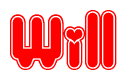 The image is a red and white graphic with the word Will written in a decorative script. Each letter in  is contained within its own outlined bubble-like shape. Inside each letter, there is a white heart symbol.