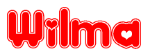 The image is a red and white graphic with the word Wilma written in a decorative script. Each letter in  is contained within its own outlined bubble-like shape. Inside each letter, there is a white heart symbol.