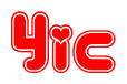 The image is a red and white graphic with the word Yic written in a decorative script. Each letter in  is contained within its own outlined bubble-like shape. Inside each letter, there is a white heart symbol.