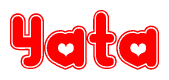 The image is a clipart featuring the word Yata written in a stylized font with a heart shape replacing inserted into the center of each letter. The color scheme of the text and hearts is red with a light outline.
