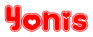 The image displays the word Yonis written in a stylized red font with hearts inside the letters.