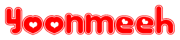 The image is a clipart featuring the word Yoonmeeh written in a stylized font with a heart shape replacing inserted into the center of each letter. The color scheme of the text and hearts is red with a light outline.