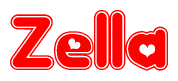 The image is a red and white graphic with the word Zella written in a decorative script. Each letter in  is contained within its own outlined bubble-like shape. Inside each letter, there is a white heart symbol.