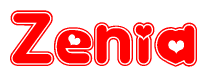 The image is a clipart featuring the word Zenia written in a stylized font with a heart shape replacing inserted into the center of each letter. The color scheme of the text and hearts is red with a light outline.