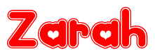 The image displays the word Zarah written in a stylized red font with hearts inside the letters.