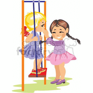 Two Young Girls Happy Playing on the Swing Together