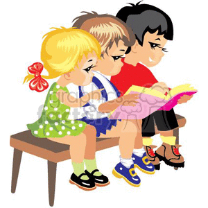 Three children sitting on a bench, reading a book together. The kids appear to be in a preschool setting, with one child holding a pink book as they engage in group reading.