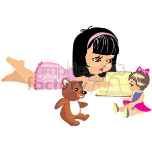 Girl Reading with Teddy Bear and Doll