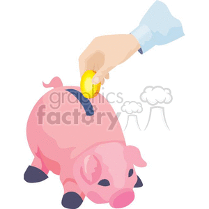 A clipart image showing a hand placing a coin into a pink piggy bank.