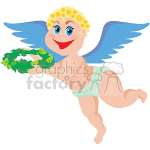 A cheerful cartoon angel with blue wings and golden curly hair, holding a green wreath and flying.