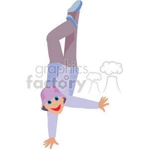 A cheerful cartoon character performing a one-handed handstand while smiling, wearing a pink hat, blue shirt, and purple pants.