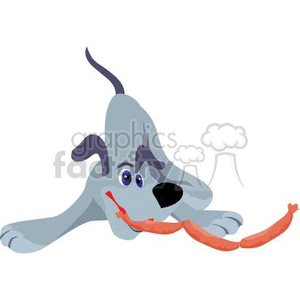 The clipart image depicts a cartoon dog with a humorous and delighted expression holding a string of sausages in its mouth. The dog appears to be a playful, silly character, often seen in images related to pet humor or funny animal content. This illustration might be used in various media to represent pets dreaming about or enjoying food.