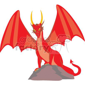 The image depicts a clipart of a red dragon, a mythical creature often associated with fantasy and fiction. This dragon is standing on a gray rock with its wings spread wide. It has horns and appears to be looking forward with a fierce expression.