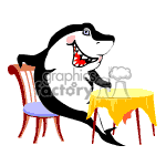 Shark sitting at a table waiting for food.