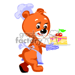 Teddy bear baker holding a fresh cake.