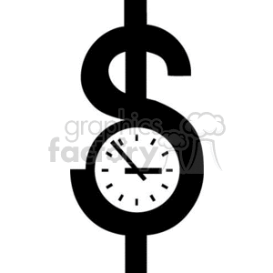 A black and white clipart image of a dollar sign with a clock integrated into its design.
