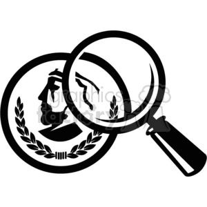 Clipart image of a magnifying glass focusing on a coin with a laurel wreath and a face silhouette.