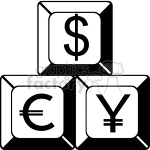 A black and white clipart image showing three keyboard keys with currency symbols: dollar, euro, and yen.