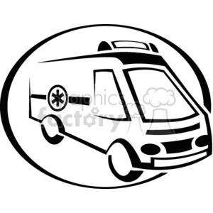 A black and white clipart image of an ambulance, featuring an emergency medical symbol on the side.