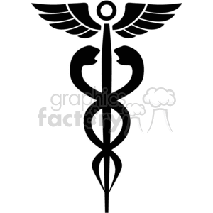 This clipart image depicts the caduceus symbol, which consists of a staff with two snakes wrapped around it and wings at the top. It is commonly associated with medicine and healthcare.