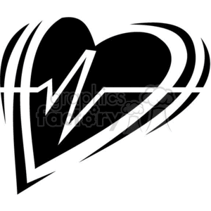 Black and white clipart of a heart with an electrocardiogram line running through it.
