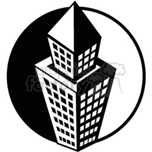 Black and white clipart of a stylized tall building with rectangular windows inside a circular background.