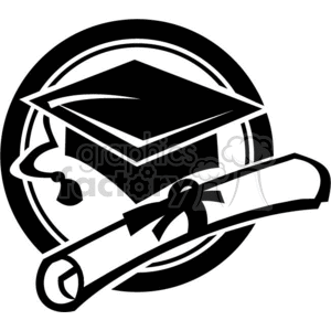 Black and white clipart of a graduation cap and diploma, symbolizing education and achievement.