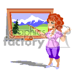 The clipart image depicts a woman with red hair presenting or teaching in front of a framed picture of a mountainous landscape. The woman is wearing purple pants and a pink blouse, and she is gesturing towards the picture with her right hand. The image has a playful, cartoon-style depiction.