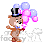 Teddy bear holding a bunch of balloons.