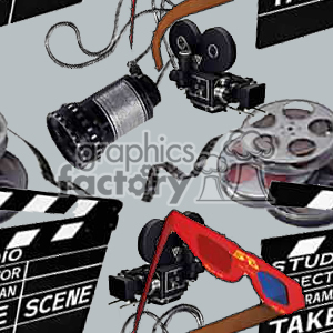 Clipart image depicting various filmmaking and cinema elements, including film cameras, film reels, a clapboard, 3D glasses, and a camera lens.