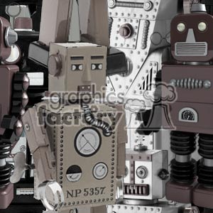 A clipart image featuring vintage, toy robots with a mechanical and retro design.