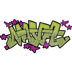 A vibrant graffiti-style clipart featuring abstract green lettering with purple star accents.