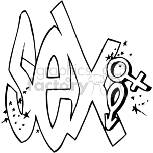A black and white clipart image featuring the word 'Sex' with stylized graffiti lettering. The design includes male and female gender symbols integrated into the text, surrounded by small star-like patterns.