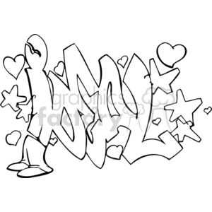 A black and white clipart image featuring graffiti-style text spelling out "deal", with a character standing on the left side. The background is decorated with stars and heart shapes.